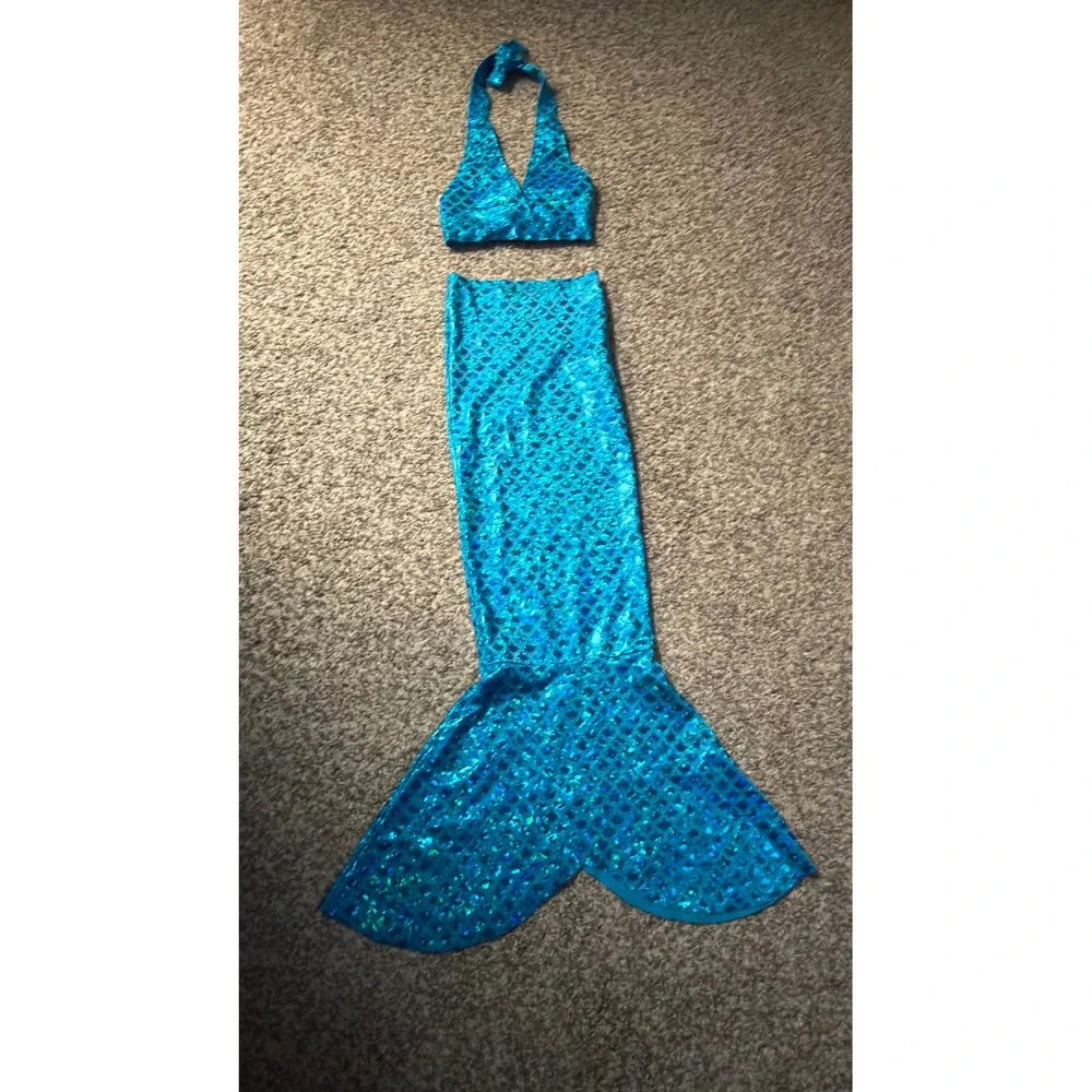 The 2 Tails Youth Mermaid Tail and Bikini Top Set Blue Shimmer Scales Kids 2PC